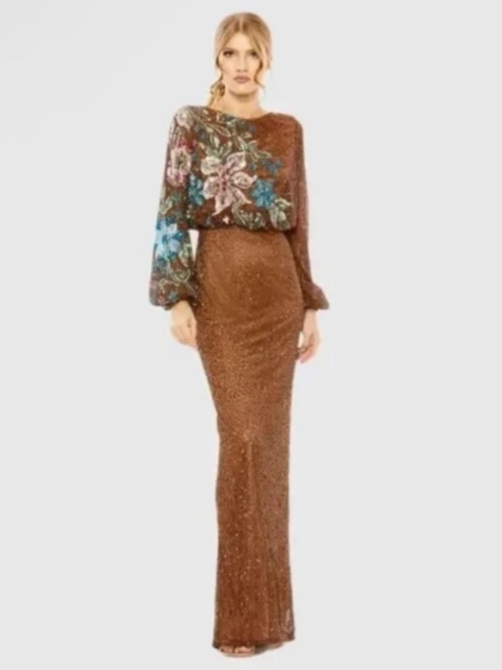 Mac Duggal Size 6 Brown Floral 5615 Beaded Sequin Formal Gown Dress NWOT